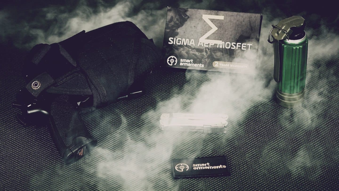 SIGMA AEP MOSFET with smoke an airsoft pistol and multitool